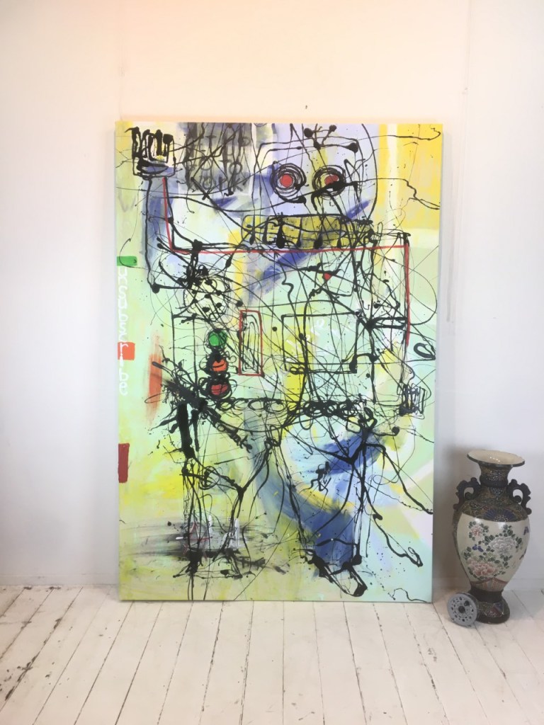 Large "we are robots" pop art style original mixed media on canvas 
now framed in black 
£799