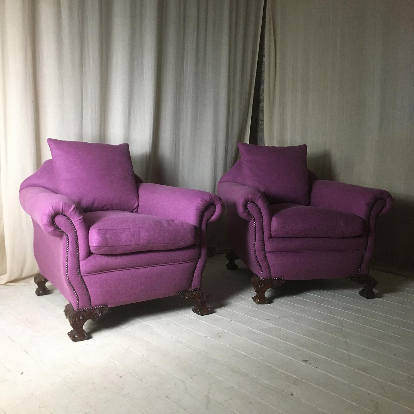 For sale -Reupholstered in heather pink wool fabrid