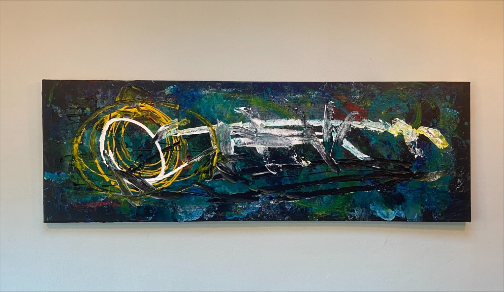 Mixed media abstract on canvas 120cm x 40cm
currently being framed in white
£199 

